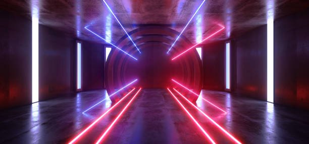 istock Futuristic Neon Lights Sci Fi Glowing Purple Blue Virtual Vibrant Underground Garage Tunnel Corridor Grunge Concrete Reflection Dark Empty Circle Shapes 3D Rendering 1156146023