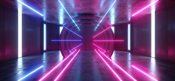 istock Futuristic Neon Lights Sci Fi Glowing Purple Blue Virtual Vibrant Underground Garage Tunnel Corridor Grunge Concrete Reflection Dark Empty Circle Shapes 3D Rendering 1156146040