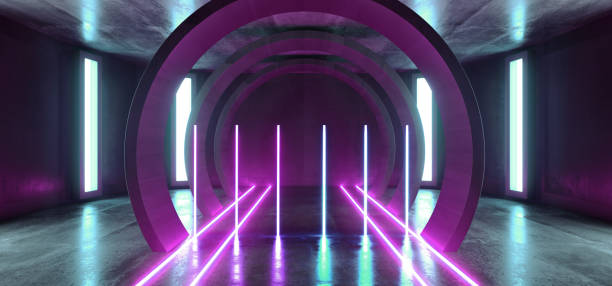 istock Futuristic Neon Lights Sci Fi Glowing Purple Blue Virtual Vibrant Underground Garage Tunnel Corridor Grunge Concrete Reflection Dark Empty Circle Shapes 3D Rendering 1156146053