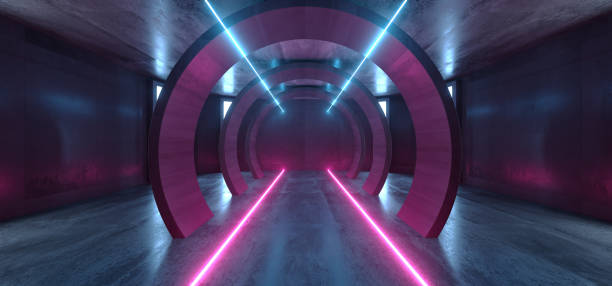 istock Futuristic Neon Lights Sci Fi Glowing Purple Blue Virtual Vibrant Underground Garage Tunnel Corridor Grunge Concrete Reflection Dark Empty Circle Shapes 3D Rendering 1156146063