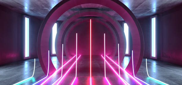 istock Futuristic Neon Lights Sci Fi Glowing Purple Blue Virtual Vibrant Underground Garage Tunnel Corridor Grunge Concrete Reflection Dark Empty Circle Shapes 3D Rendering 1156146068