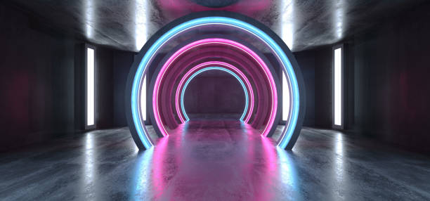 istock Futuristic Neon Lights Sci Fi Glowing Purple Blue Virtual Vibrant Underground Garage Tunnel Corridor Grunge Concrete Reflection Dark Empty Circle Shapes 3D Rendering 1156146122