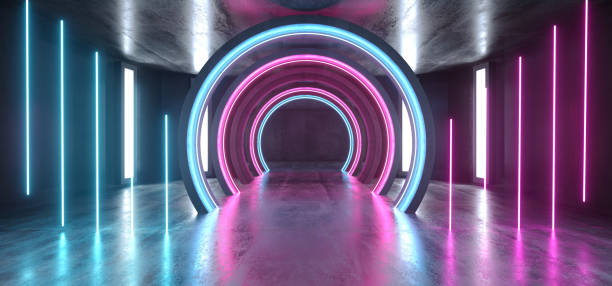 istock Future Sci Fi Circle Concrete Grunge Neon Lights Glowing Purple Blue Laser Fluorescent Dark Empty Underground Tunnel Corridor Vibrant Garage Gallery Arc Entrance Gate 3D Rendering 1156146177