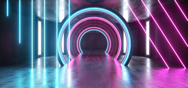 istock Future Sci Fi Circle Concrete Grunge Neon Lights Glowing Purple Blue Laser Fluorescent Dark Empty Underground Tunnel Corridor Vibrant Garage Gallery Arc Entrance Gate 3D Rendering 1156146182