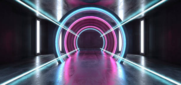 istock Future Sci Fi Circle Concrete Grunge Neon Lights Glowing Purple Blue Laser Fluorescent Dark Empty Underground Tunnel Corridor Vibrant Garage Gallery Arc Entrance Gate 3D Rendering 1156146363