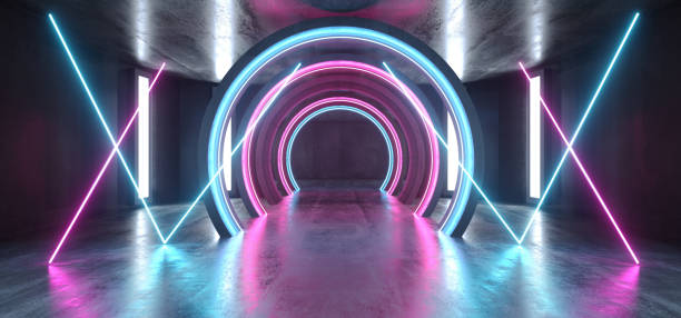 istock Future Sci Fi Circle Concrete Grunge Neon Lights Glowing Purple Blue Laser Fluorescent Dark Empty Underground Tunnel Corridor Vibrant Garage Gallery Arc Entrance Gate 3D Rendering 1156146707