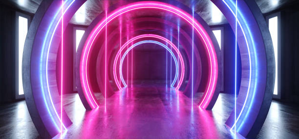 istock Future Sci Fi Circle Concrete Grunge Neon Lights Glowing Purple Blue Laser Fluorescent Dark Empty Underground Tunnel Corridor Vibrant Garage Gallery Arc Entrance Gate 3D Rendering 1156146754