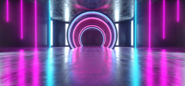 istock Future Sci Fi Circle Concrete Grunge Neon Lights Glowing Purple Blue Laser Fluorescent Dark Empty Underground Tunnel Corridor Vibrant Garage Gallery Arc Entrance Gate 3D Rendering 1156146773