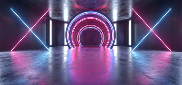 istock Future Sci Fi Circle Concrete Grunge Neon Lights Glowing Purple Blue Laser Fluorescent Dark Empty Underground Tunnel Corridor Vibrant Garage Gallery Arc Entrance Gate 3D Rendering 1156146784
