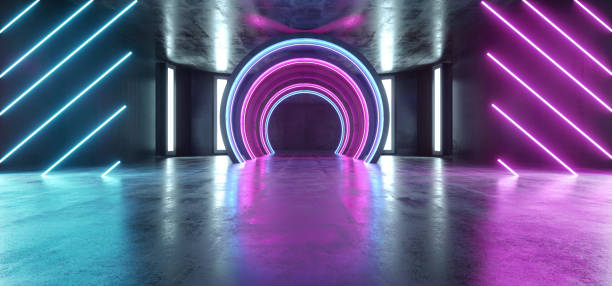 istock Future Sci Fi Circle Concrete Grunge Neon Lights Glowing Purple Blue Laser Fluorescent Dark Empty Underground Tunnel Corridor Vibrant Garage Gallery Arc Entrance Gate 3D Rendering 1156146802
