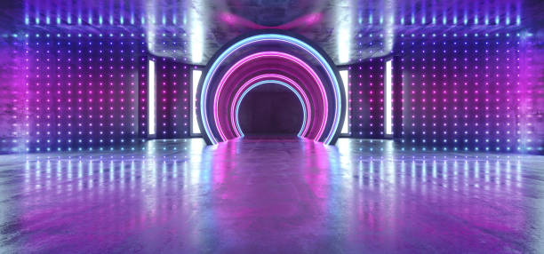 istock Future Sci Fi Circle Concrete Grunge Neon Lights Glowing Purple Blue Laser Fluorescent Dark Empty Underground Tunnel Corridor Vibrant Garage Gallery Arc Entrance Gate 3D Rendering 1156146824