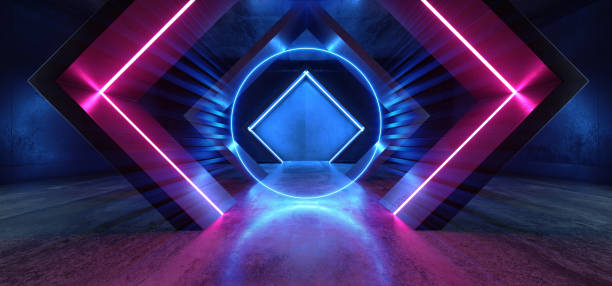 istock Neon Lights Triangle Sci Fi Glowing Purple Blue Shaped Fluorescent Retro Modern Elegant Alien Spaceship Dark Underground Corridor Tunnel Hallway Club Empty Background 3D Rendering 1156146871