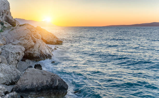 istock Sunset on the sea shore with rocks and pine. 1156155586