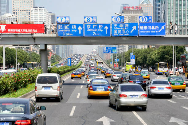 Beijing, China - August 10, 2011: A traffic jam in city center during rush hour. Traffic are a major concern in Beijing. Even outside of rush hour, several roads still remain clogged with traffic