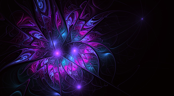Fantasy artistic flower with lighting effect. Beautiful shin. Futuristic bloom. An abstract computer generated modern fractal design on white background. Digital art design element.