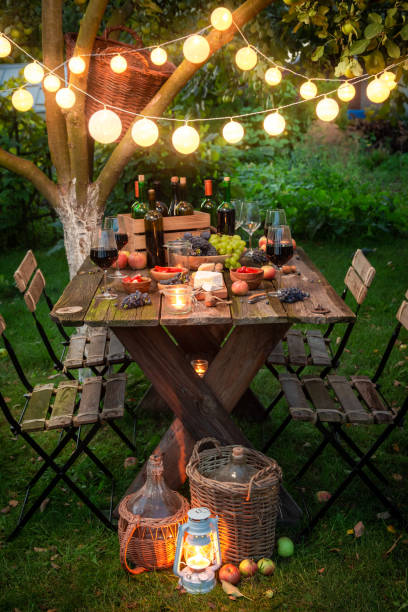 istock Preparation for supper with wine in illuminated summer garden 1156164471