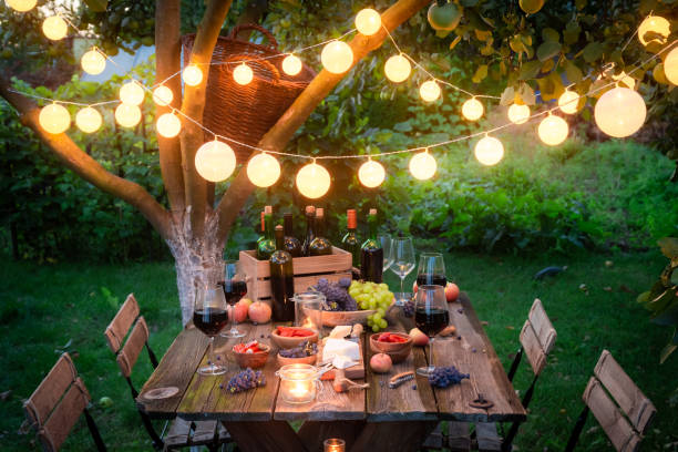 istock Rustic table with snacks and wine in the summer evening 1156164488