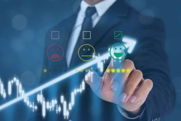 istock man point hand to the  happy face satisfication with bussiness experiance with graph growth 1156165824