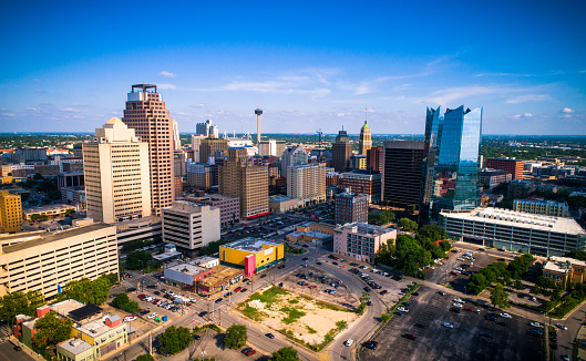 San Antonio Texas Skyline Cityscape - Aerial drone view of San Antonio , Texas with Space Needle , Stadium and entire Downtown Skyline