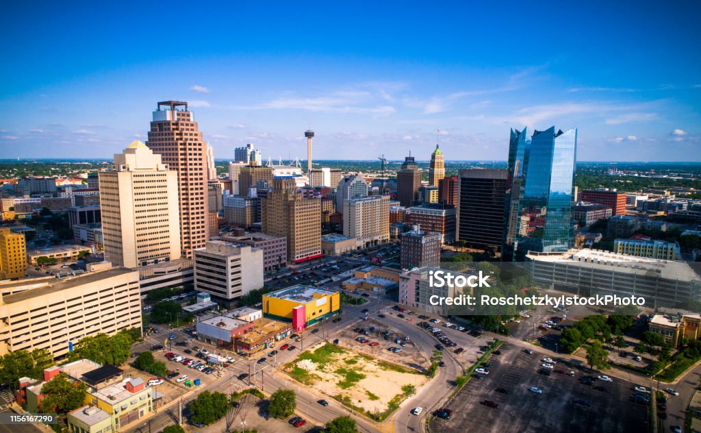 Aerial drone view of San Antonio , Texas with Space Needle , Stadium and entire Downtown Skyline San Antonio Texas Skyline Cityscape - Aerial drone view of San Antonio , Texas with Space Needle , Stadium and entire Downtown Skyline San Antonio - Texas Stock Photo