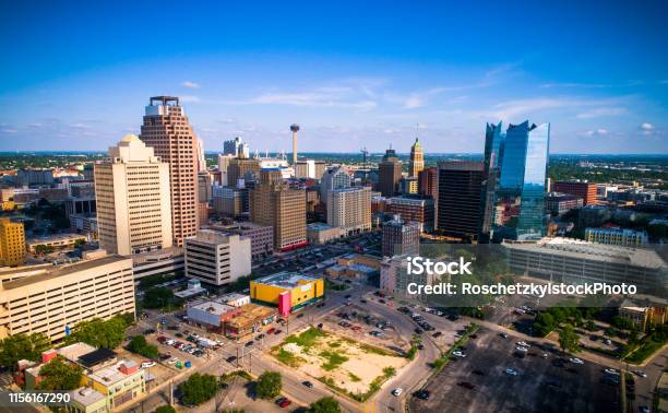Aerial Drone View Of San Antonio Texas With Space Needle Stadium And Entire Downtown Skyline Stock Photo - Download Image Now
