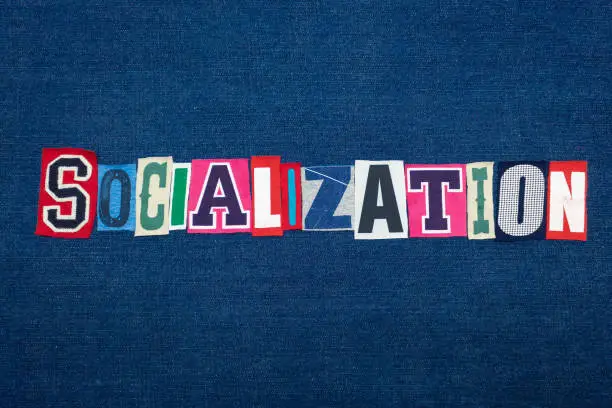 Photo of SOCIALIZATION collage of word text, multi colored fabric on blue denim, socially adept and confidence concept