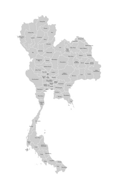 Vector isolated illustration of simplified administrative map of Thailand. Borders and names of the provinces (regions). Grey silhouettes. White outline Vector isolated illustration of simplified administrative map of Thailand. Borders and names of the provinces (regions). Grey silhouettes. White outline. phatthalung province stock illustrations