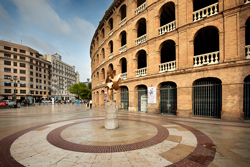 Valencia, Spain - May 06, 2019: Entrance of the Plaza del Toros, a bullfighting arena, that holds 10,500 people in Valencia, Spain