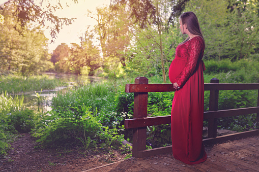 Young pregnant woman in the beautiful red dress stands and looking at the lake. Active Girl in pregnancy. Portrait Fashion shoot outdoor