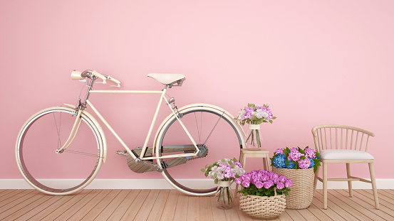 Bicycle and colorful flower on living area in the light pink room - Template interior design for for artwork - 3D Rendering