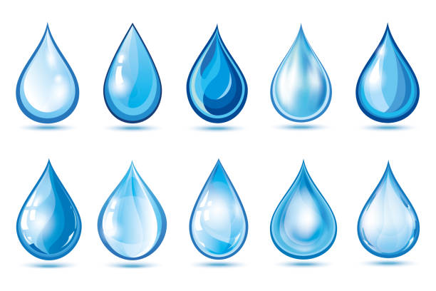 Set of blue water drops over white Big set of different glowing blue 3d water drops isolated on white background. Collection of nature objects, graphic design elements, icons or logo. Vector illustration falling stock illustrations