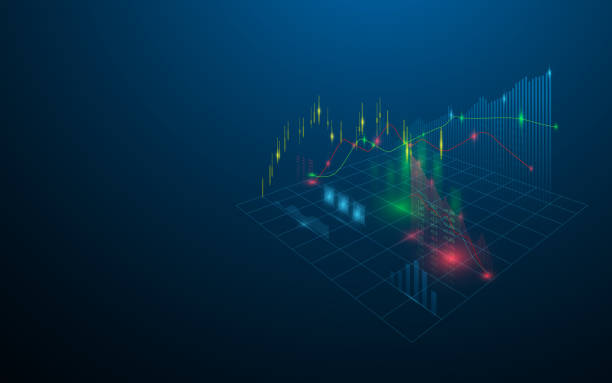 börsen-virtuelles hologramm von statistiken, grafiken und diagrammen auf dunkelblauem hintergrund - wissenschaft grafiken stock-grafiken, -clipart, -cartoons und -symbole