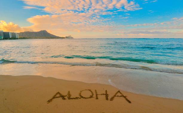 aloha por la mañana en la playa de waikiki - waikiki beach fotografías e imágenes de stock