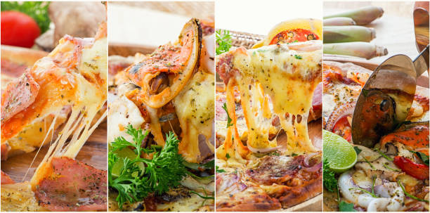 Photo collage with different types of pizza stock photo