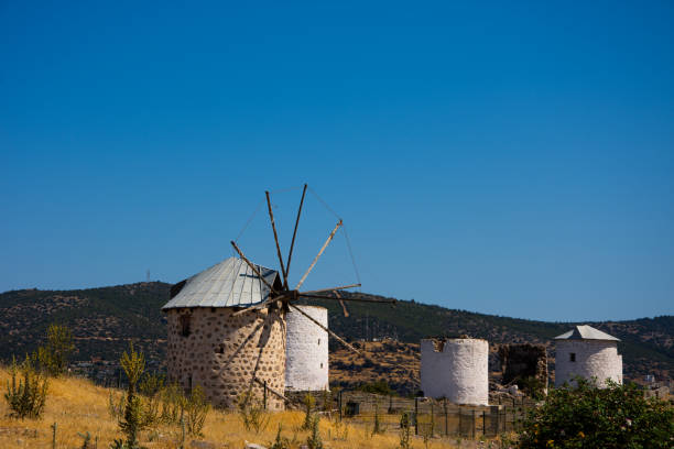 demolished windmills on the hill in the city of bodrum - mugla province imagens e fotografias de stock