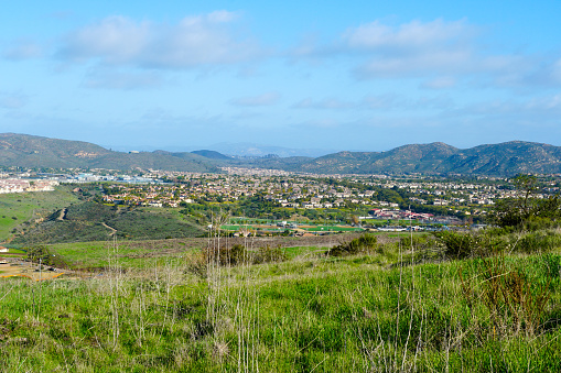 View from the top of the Black Mountain of Carmel Valley with suburban neighborhood with identical villas next to each other. San Diego, California, USA.