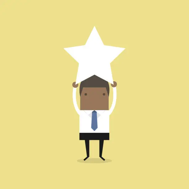 Vector illustration of African businessman reaching up to get a golden star trophy.