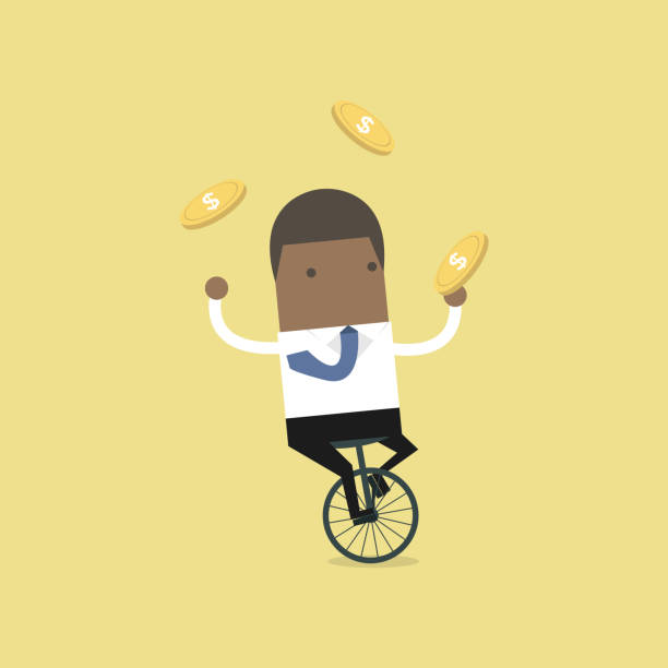 ilustraciones, imágenes clip art, dibujos animados e iconos de stock de hombre de negocios africano haciendo malabares con monedas mientras anda en bicicleta. - juggling silhouette performer performance