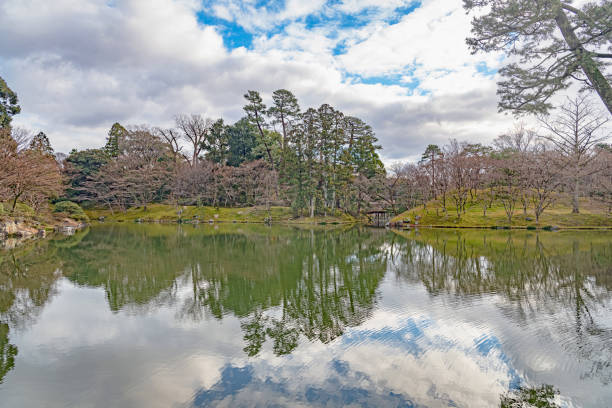 Kyoto, Kyoto, Japan - January 9 2019 : Scenery of the North pond of the Kyoto Sento Gosho Palace, formerly the grounds of a palace for retired emperors.