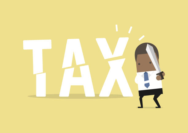 African businessman cut tax with sword. Business concept of reducing and lowering taxes. African businessman cut tax with sword. Business concept of reducing and lowering taxes. duty free stock illustrations