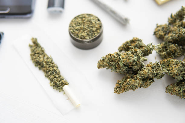 istock grinder with fresh weed, Cannabis buds on white table, joint with marijuana, close up, 1156196792