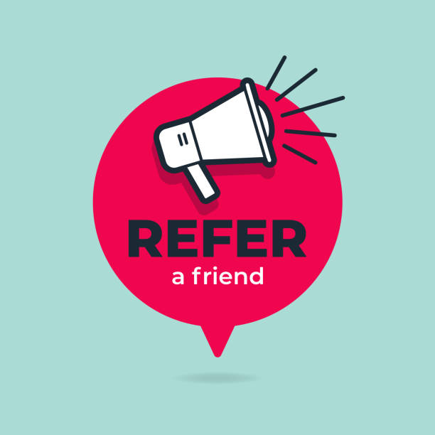 Refer a friend with loudspeaker in speech bubble. Refer a friend with loudspeaker in speech bubble. business weakness stock illustrations