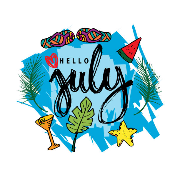 ilustraciones, imágenes clip art, dibujos animados e iconos de stock de hola julio mano frase de letras. tarjeta de felicitación de verano, - hola julio