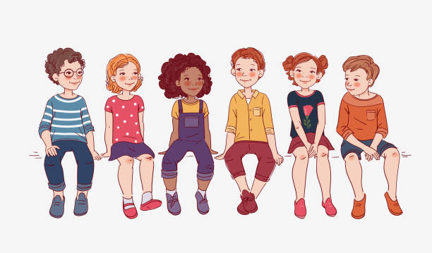 ilustrações, clipart, desenhos animados e ícones de grupo de miúdos amigáveis que sentam-se no banco. meninos e meninas felizes - baby white background preschool isolated on white