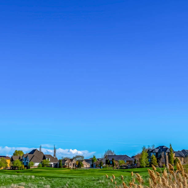 istock Square Vast grassy terrain with houses under blue sky and puffy clouds on a sunny day 1156207270