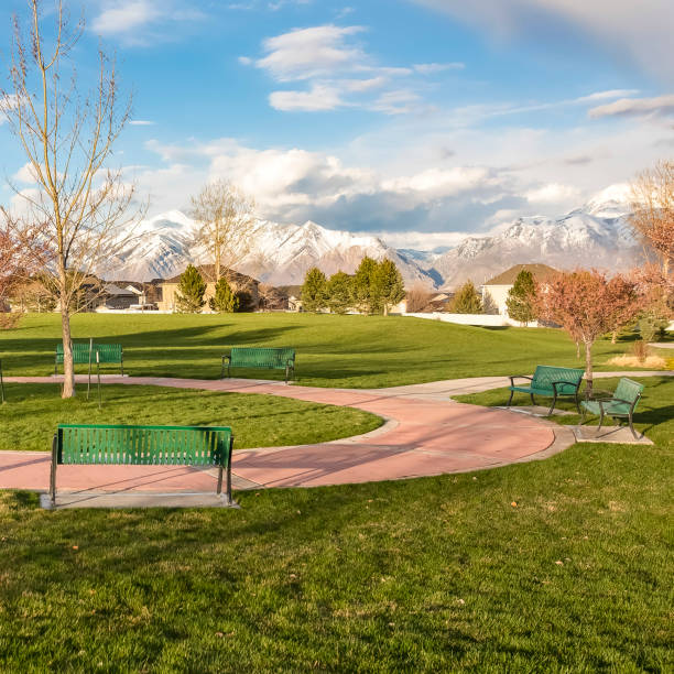 istock Square frame Green benches around a circular pathway on a park with trees and lamp posts 1156207279