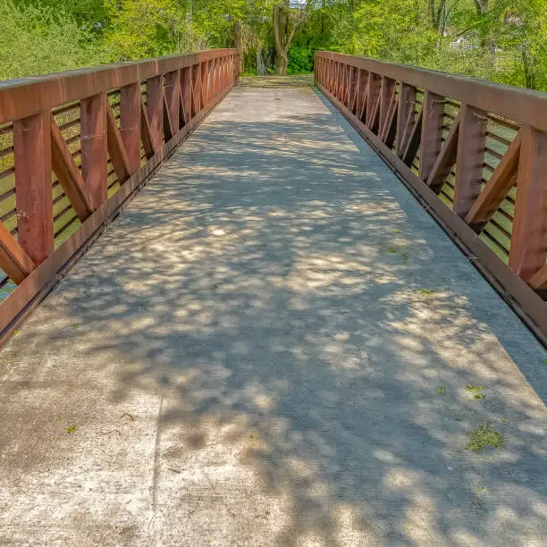Square frame Bridge with rusty metal guardrails over a lake viewed on a sunny day. The lush green leaves of the trees cast shadows on the deck of the bridge.