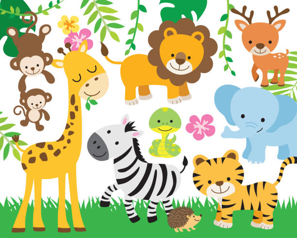 Safari Jungle Animal Vector Illustration Vector illustration of cute safari animals including lion, tiger, elephant, monkey, zebra, giraffe, deer, snake, and hedgehog. porcupine hedgehog rodent animal stock illustrations