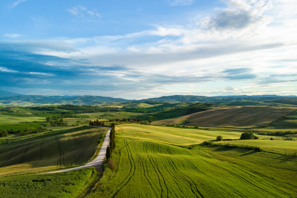 istock Picturesque Tuscany landscape with rolling hills, valleys, sunny fields, cypress trees along winding rural road, houses on a hill. Tourist visit in Tuscany 1156214281