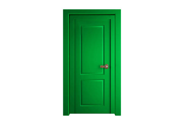 Modern green room door isolated on white background.